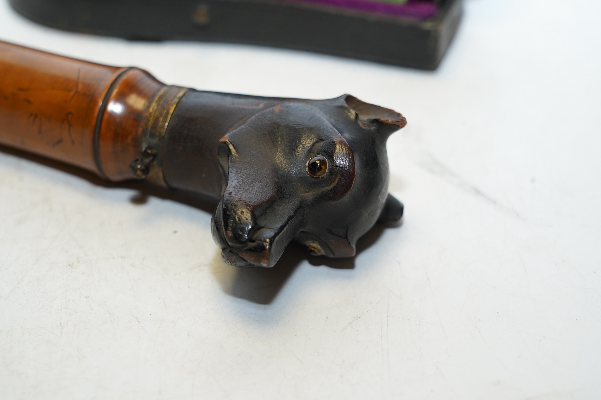 Sundry items comprising a Victorian travelling microscope, a sovereign case, a page turner in the form of a dog and scales. Condition - fair, general wear commensurate with age